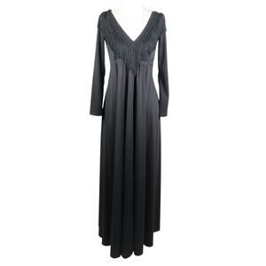 Vintage 70s Black Fringe Collar Trim Long Sleeve Maxi Dress 8